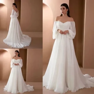 Abiti da sposa economici a maniche lunghe con spalle scoperte, lunghezza del pavimento bianco, abiti da cerimonia per matrimoni sexy femminili