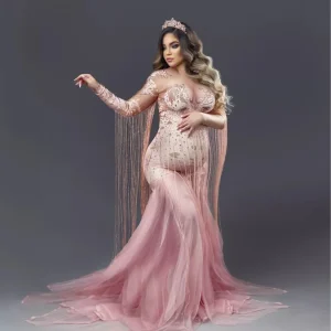 Abito da donna lungo sexy con nappa rosa con strass luccicanti Costume da sera per donna Costume da discoteca per feste Cantante Abito da palcoscenico