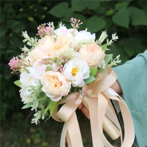 Bouquet da sposa in seta artificiale Champagne con 18 peonie e nastro di raso