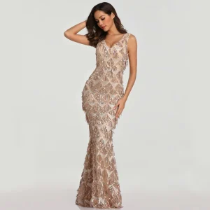 2023 Abito da sera senza maniche con nappa con scollo a V Abito da donna sexy Abito da damigella d'onore Abito lungo da ballo lungo