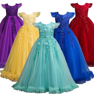 Vestito da Principessa Per Bambini Lungo in Tulle e Pizzo per Matrimoni, Feste e Cerimonie - Età 4-15 Anni