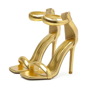 Cinturino di copertura in pelle PU accogliente di alta qualità Sandali dorati Scarpe da banchetto di nozze da donna Sexy tacchi da spogliarellista con punta quadrata