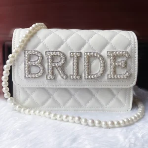 Borsa personalizzata per la sposa , Regalo di Matrimonio, Fidanzamento, Luna di miele e Addio al nubilato con perle e design da spiaggia e piscina