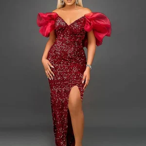 Abito da damigella d'onore da donna sexy con paillettes e spalle scoperte, maniche lunghe, abiti in velluto, grandi dimensioni, maxi abito da sera formale da sera