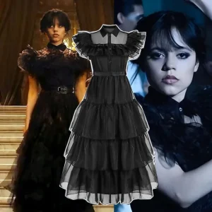 Costume da festa per bambini Wednesday Addams per ragazze - Vestito per feste di compleanno, cosplay e prom per principesse 4-10 anni