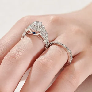 Anelli di fidanzamento/matrimonio in argento sterling 925 con 2 pietre preziose bianche taglio tondo e a pera"